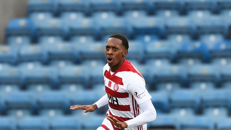 Hamilton’s Mickel Miller celebrates his goal during the Ladbrokes Premiership match between Kilmarnock and Hamilton at Rugby Park