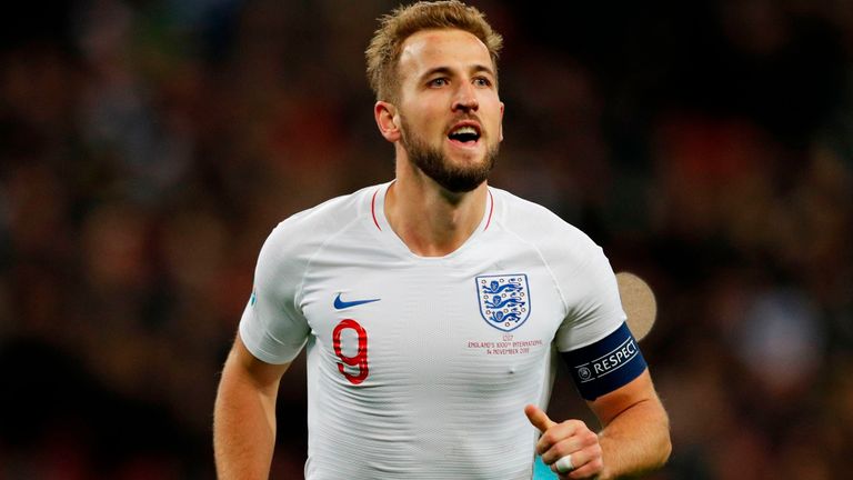 Harry Kane celebrates completing his hat-trick for England against Montenegro