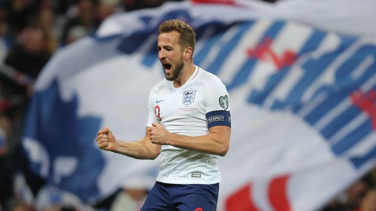 Harry Kane celebrates scoring his hat-trick against Montenegro