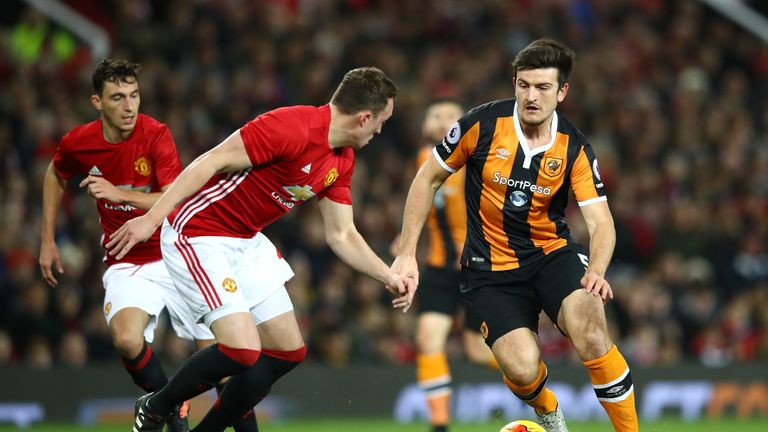 Maguire takes on Phil Jones during the League Cup semi-final in January 2017