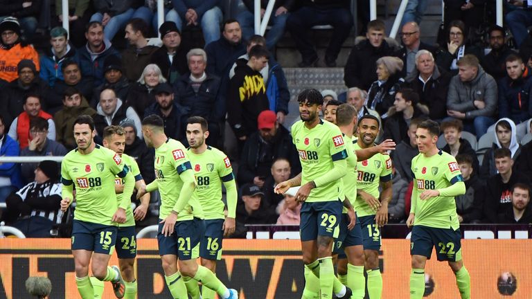 Bournemouth's Harry Wilson celebrates with team-mates after scoring his team's first goal