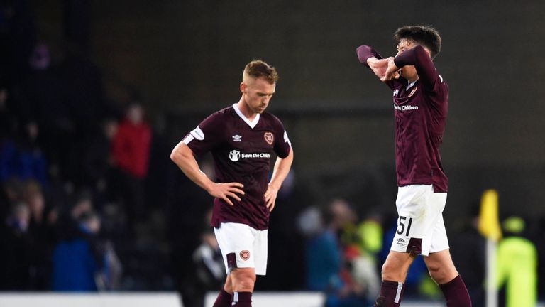 Hearts' Olivier Bozanic (L) and Aaron Hickey look dejected after the Betfred Cup semi final match between Rangers and Hearts at Hampden Park