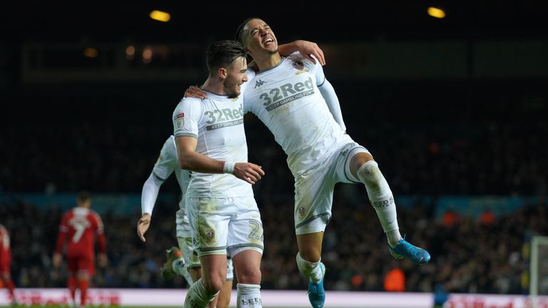 Helder Costa celebrates scoring Leeds' third goal against Middlesbrough 