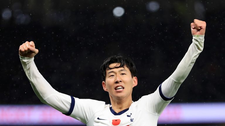 Heung-Min Son of Tottenham Hotspur celebrates after he scores his sides first goal