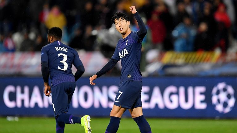 Heung-Min Son of Tottenham Hotspur celebrates after scoring his team's second goal against Red Star Belgrade