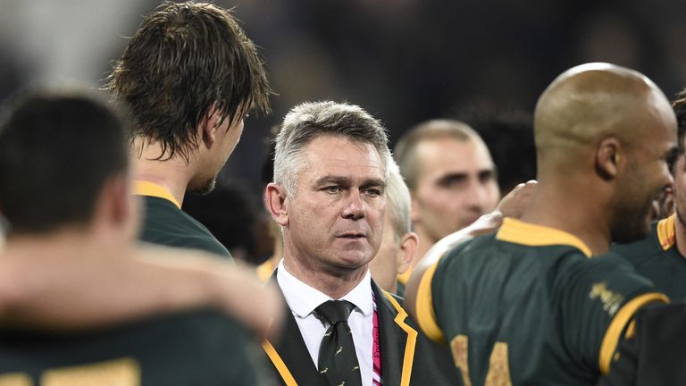 South Africa's head coach Heyneke Meyer looks on after winning the bronze medal match of the 2015 Rugby World Cup between South Africa and Argentina at the Olympic Stadium, east London, on October 30, 2015.