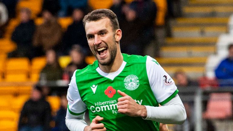 Hibs' Christian Doidge celebrates after scoring to make it 1-0 during the Ladbrokes Premiership match between St Johnstone and Hibs, at McDiarmid Park