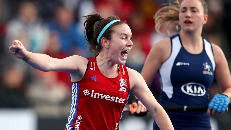 Laura Unsworth of Great Britain celebrates after she scores her side's fourth goal in the Olympic Qualifier match between Great Britain Women and Chile Women