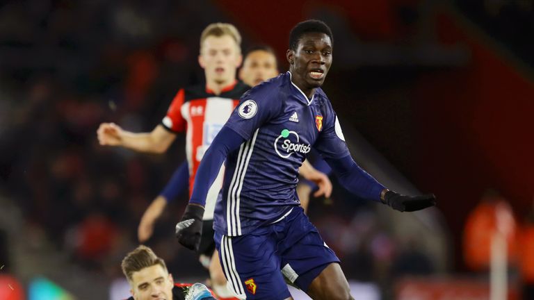 Ismaila Sarr of Watford wins possession during the Premier League match at Southampton