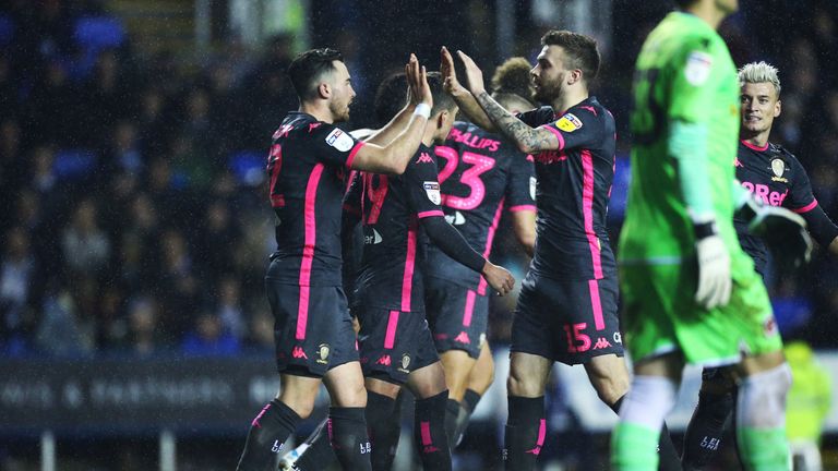 Jack Harrison celebrates his late winner for Leeds at Reading