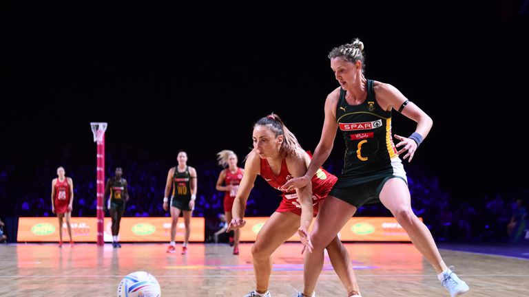 Jade Clarke facing-off against South Africa at the Netball World Cup 