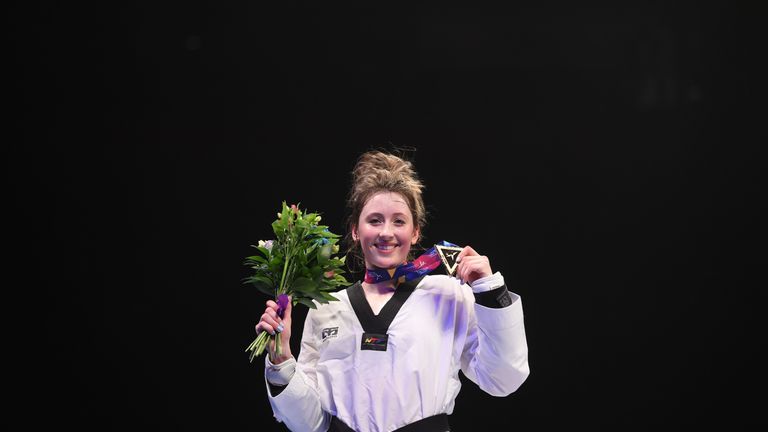 Jade Jones of Great Britain celebrates with her gold medal after victory against Lee Ah-Reum of South Korea in the Final of the Women’s -57kg during Day 3 of the World Taekwondo Championships at Manchester Arena on May 18, 2019 in Manchester, England. 