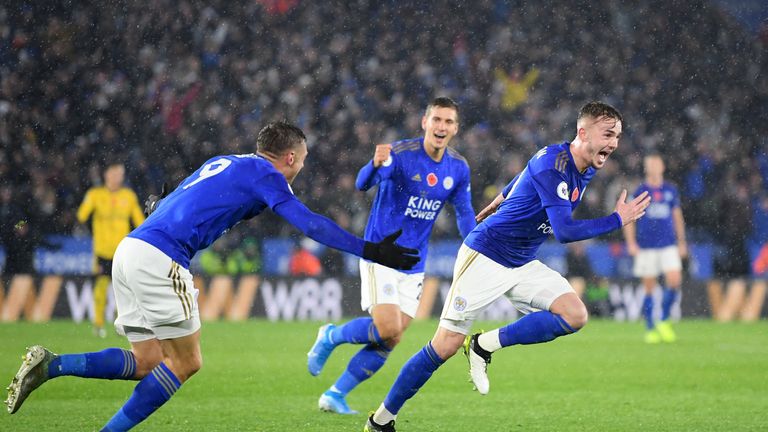 Leicester City's James Maddison celebrates after scoring his team's second goal