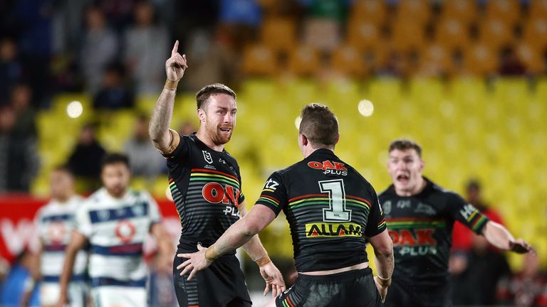 AUCKLAND, NEW ZEALAND - JUNE 30: James Maloney of the Panthers celebrates after scoring the golden point to win the round 15 NRL match between the New Zealand Warriors and the Penrith Panthers at Mt Smart Stadium on June 30, 2019 in Auckland, New Zealand. (Photo by Anthony Au-Yeung/Getty Images)