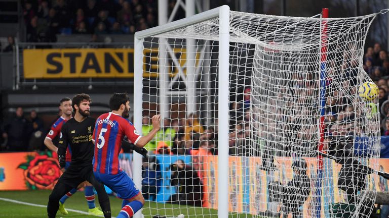 James Tomkins scores for Crystal Palace, but the goal is ruled out by VAR