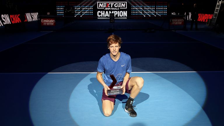 Jannik Sinner of Italy celebrates with the winners trophy after defeating Alex de Minaur of Australia in the final during Day Five of the Next Gen ATP Finals at Allianz Cloud on November 09, 2019 in Milan, Italy. 