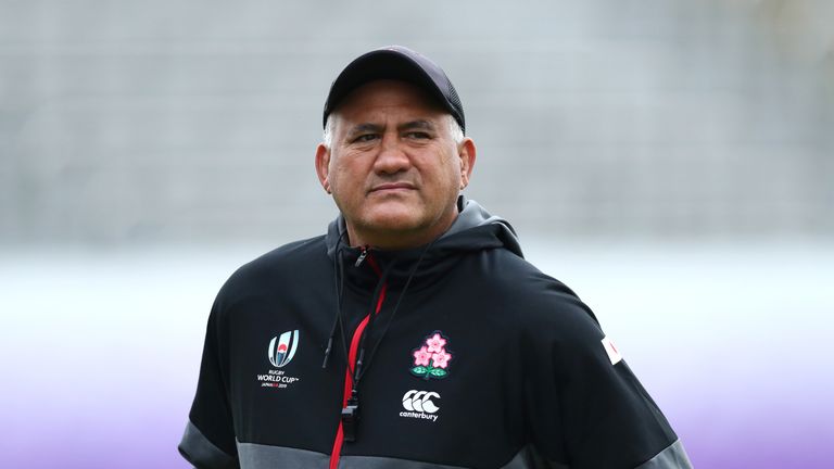 Japan head coach Jamie Joseph looks on during a 2019 Rugby World Cup Japan team training session at Chichibunomiya Rugby Stadium on October 17, 2019 in Tokyo, Japan
