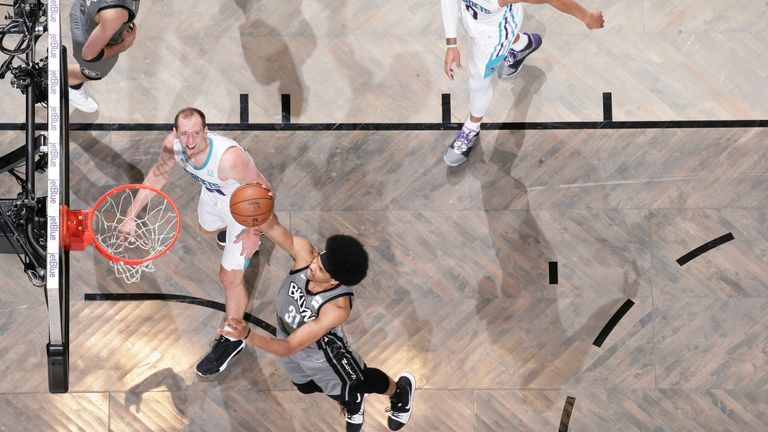 Jarrett Allen of the Brooklyn Nets shoots the ball against the Charlotte Hornets