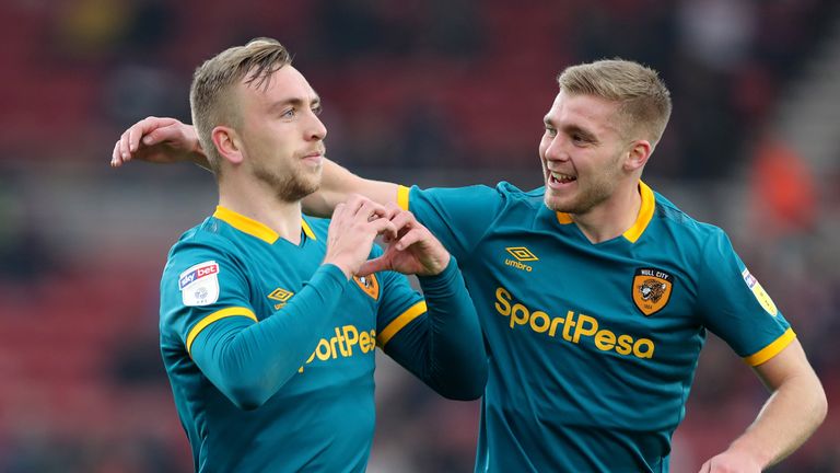 Hull City's Jarrod Bowen celebrates scoring his second goal