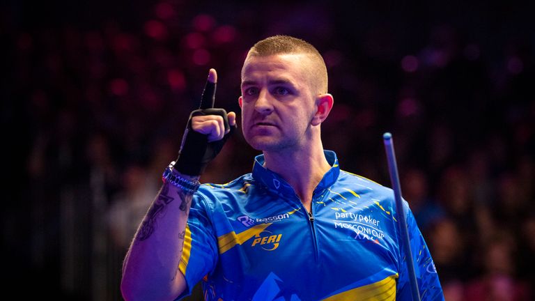 Jayson Shaw of Team Europe celebrates as Team Europe take on Team USA during the Mosconi Cup at Alexandra Palace on December 5, 2018 in London, England. 