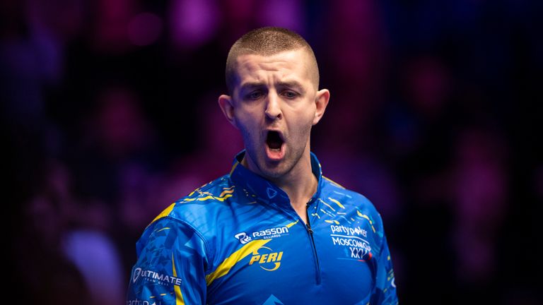 Jayson Shaw of Team Europe celebrates as Team Europe take on Team USA during the Mosconi Cup at Alexandra Palace on December 5, 2018 in London, England. 