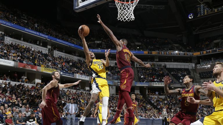 Jeremy Lamb of the Indiana Pacers shoots the ball against Tristan Thompson of the Cleveland Cavaliers