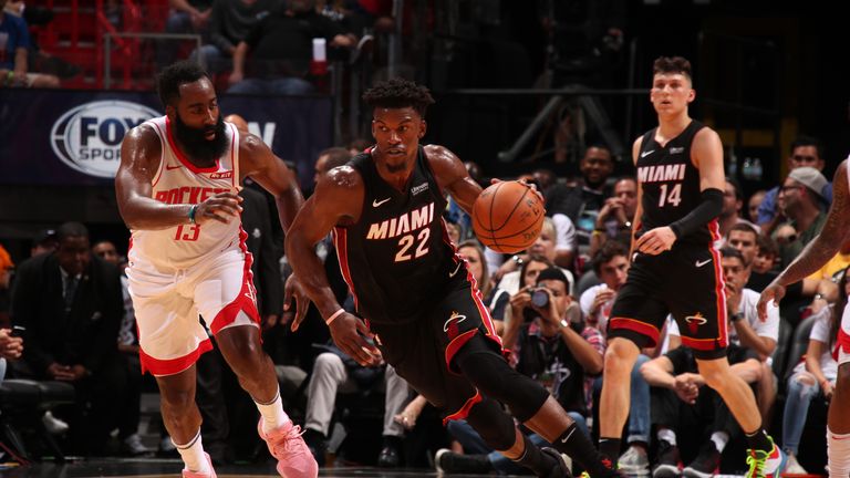 Jimmy Butler of the Miami Heat handles the ball against the Houston Rockets 