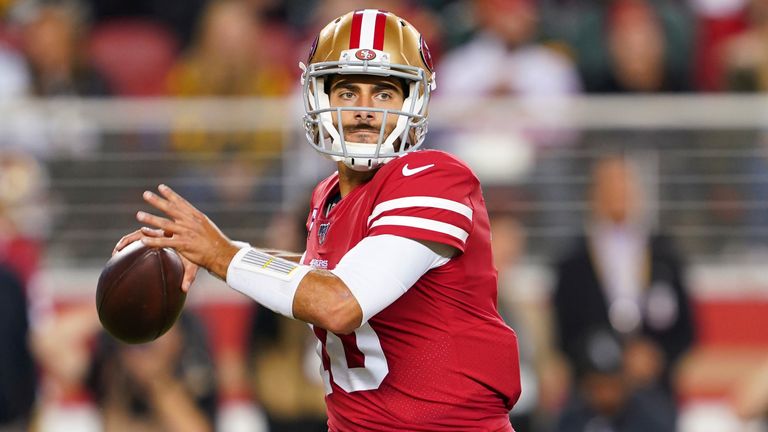 San Francisco 49ers quarterback Jimmy Garoppolo completed 14 passes for 253 yards and two touchdowns against the Green Bay Packers 