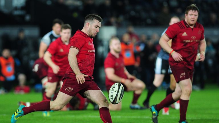 SWANSEA, WALES - FEBRUARY 22: JJ Hanrahan of Munster in action during the Guinness Pro14 Round 16 match between Ospreys and Munster Rugby at the Liberty Stadium on February 22, 2019 in Swansea, Wales. (Photo by Athena Pictures/Getty Images)