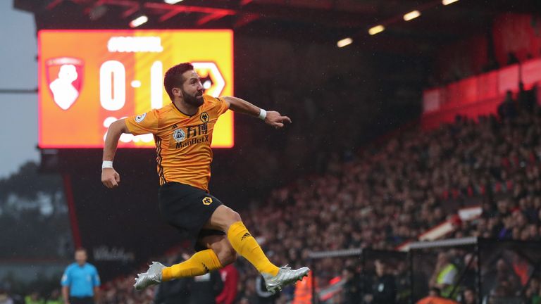 Joao Moutinho of Wolves celebrates after scoring a goal to make it 0-1 at Bournemouth