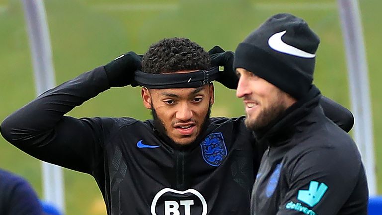 Joe Gomez pictured during England training with a large scratch underneath his right eye