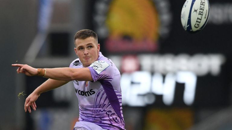 EXETER, ENGLAND - NOVEMBER 23: Chiefs player Joe Simmonds kicks a penalty during the Heineken Champions Cup Round 2 match between Exeter Chiefs and Glasgow Warriors at Sandy Park on November 23, 2019 in Exeter, England. (Photo by Stu Forster/Getty Images)