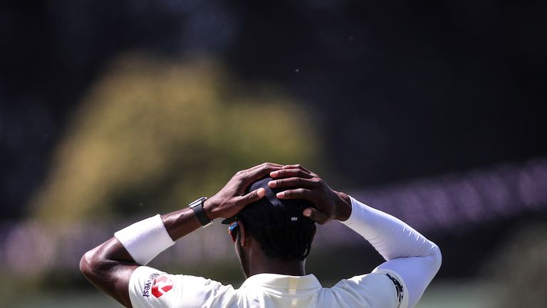 England's Jofra Archer on day three of the first Test against New Zealand