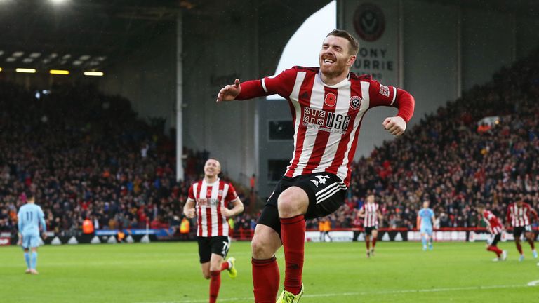 John Fleck celebrates scoring Sheffield United's third goal vs Burnley at Bramall Lane