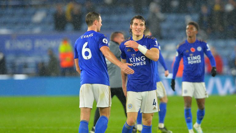 Jonny Evans and Caglar Soyuncu after Leicester's win over Arsenal at the King Power Stadium