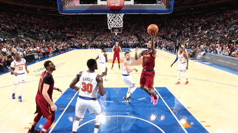 Jordan Clarkson of the Cleveland Cavaliers shoots the ball against the New York Knicks