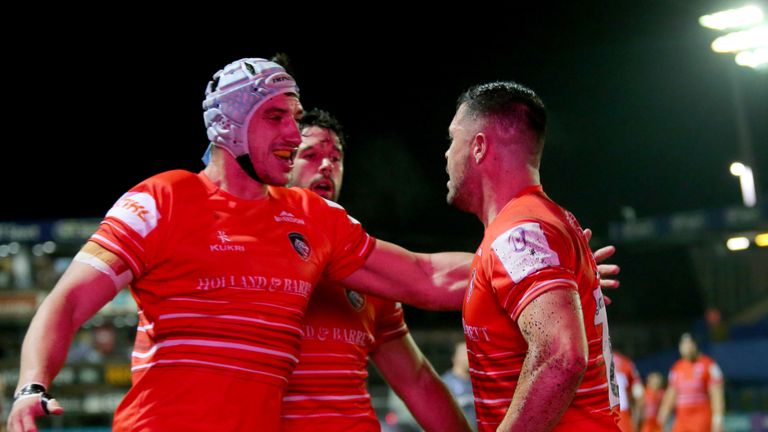 CARDIFF, WALES - NOVEMBER 23:  Jordan Coghlan celebrates with his team mates after scoring his try during the European Rugby Challenge Cup Round 2 match between Cardiff Blues and Leicester Tigers at Cardiff Arms Park on November 23, 2019 in Cardiff, Wales. (Photo by Huw Fairclough/Getty Images)