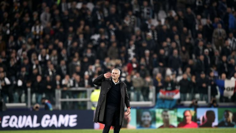 Jose Mourinho cups his ear at the end of a UEFA Champions League, Group H match between Juventus and Manchester United in 2018