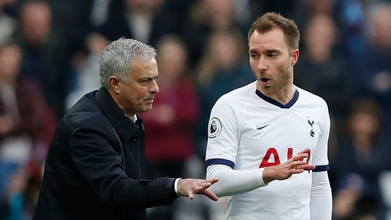 Jose Mourinho instructs Christian Eriksen as he comes on against West Ham