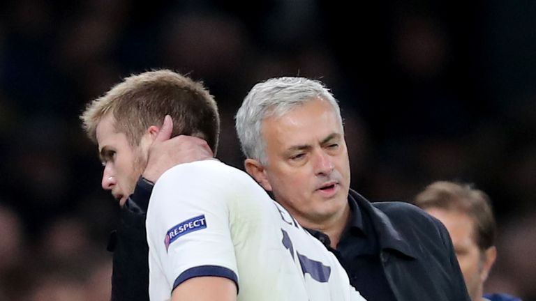 Tottenham boss Jose Mourinho consoles Eric Dier after he is substituted against Olympiakos