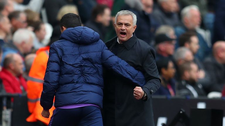 Jose Mourinho celebrates with Joao Sacramento against West Ham