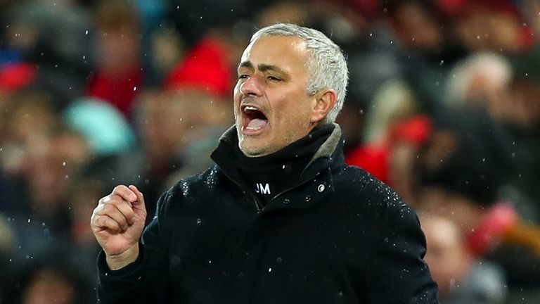 Jose Mourinho the head coach / manager of Manchester United during the Premier League match between Liverpool FC and Manchester United at Anfield on December 16, 2018 in Liverpool, United Kingdom. 