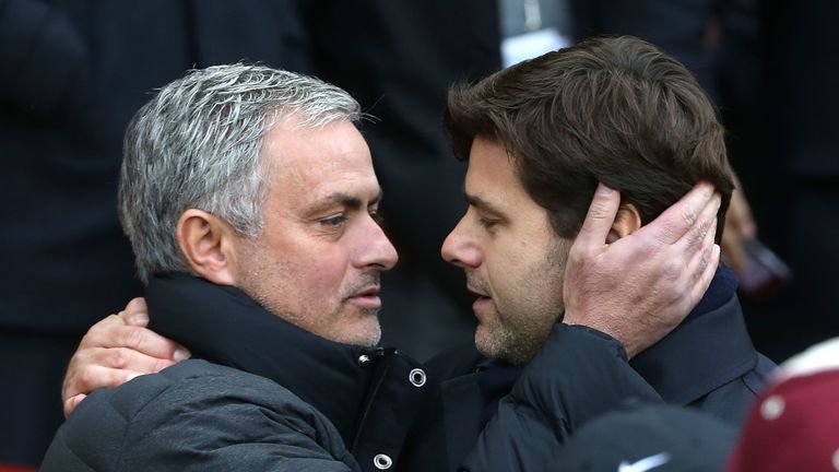 Jose Mourinho and Mauricio Pochettino greet each other during a Premier League match between Manchester United and Tottenham Hotspur at Old Trafford on December 11, 2016