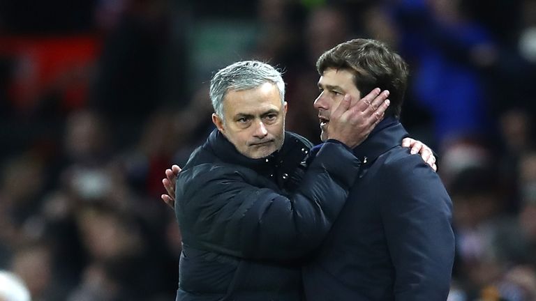 Jose Mourinho is congratulated by Mauricio Pochettino after his Man Utd's 1-0 win at Old Trafford on December 11, 2016