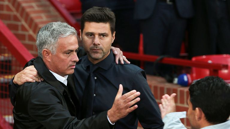 Jose Mourinho greets Mauricio Pochettino ahead of the Premier League match between Manchester United and Tottenham Hotspur at Old Trafford on August 27, 2018