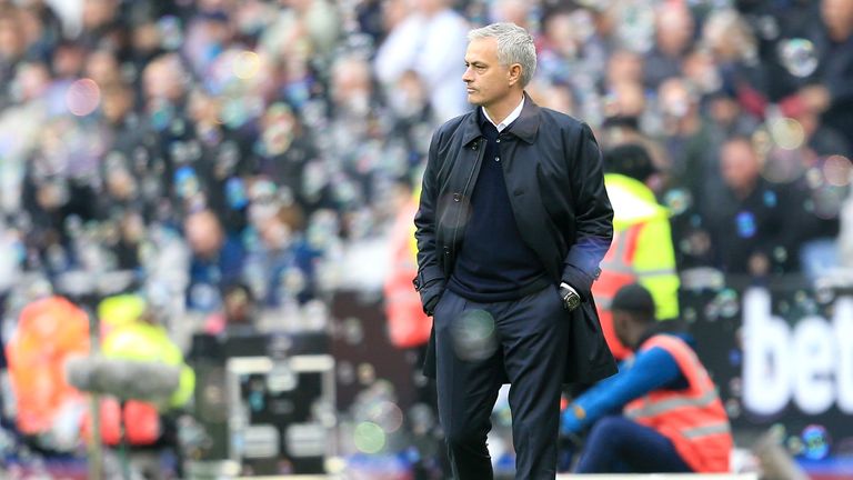 Jose Mourinho walks along the touchline at the London Stadium during his first match as the new Spurs head coach