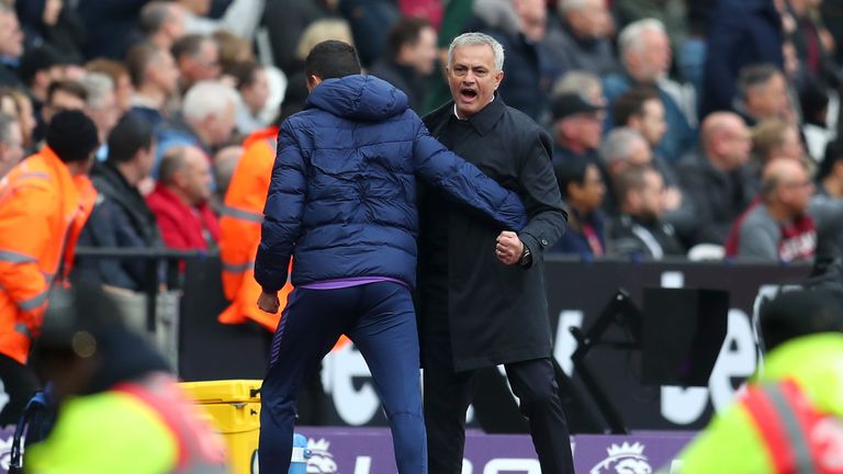 Jose Mourinho celebrates Spurs' first goal