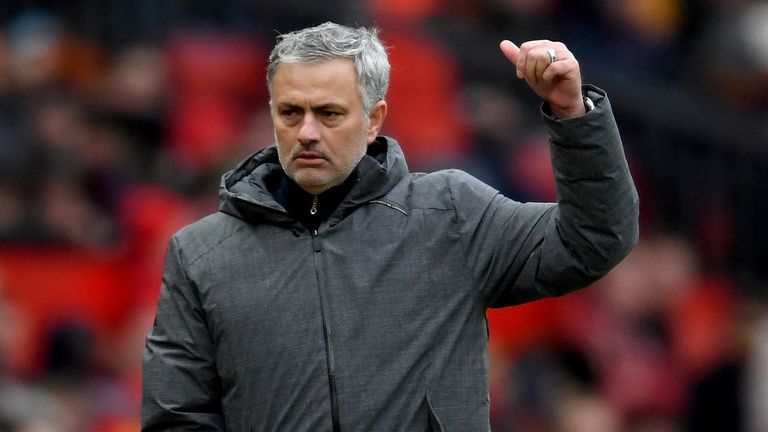 Jose Mourinho the manager of Manchester United on the touch line during the Premier League match between Manchester United and Swansea City at Old Trafford on March 31, 2018 in Manchester, England.