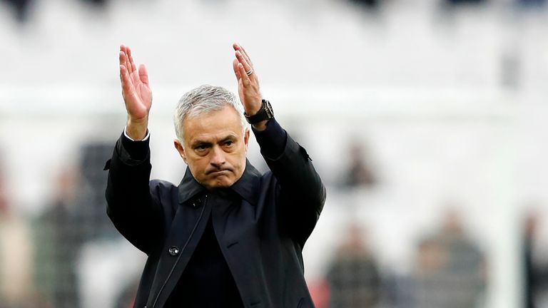 Jose Mourinho applauds the travelling Spurs supporters at the London Stadium