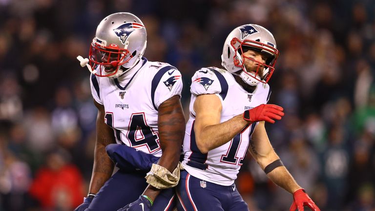 PHILADELPHIA, PENNSYLVANIA - NOVEMBER 17: Julian Edelman #11 of the New England Patriots celebrates with Mohamed Sanu #14 after throwing a touchdown pass to Phillip Dorsett II #13 (not pictured) during the third quarter against the Philadelphia Eagles at Lincoln Financial Field on November 17, 2019 in Philadelphia, Pennsylvania. (Photo by Mitchell Leff/Getty Images)